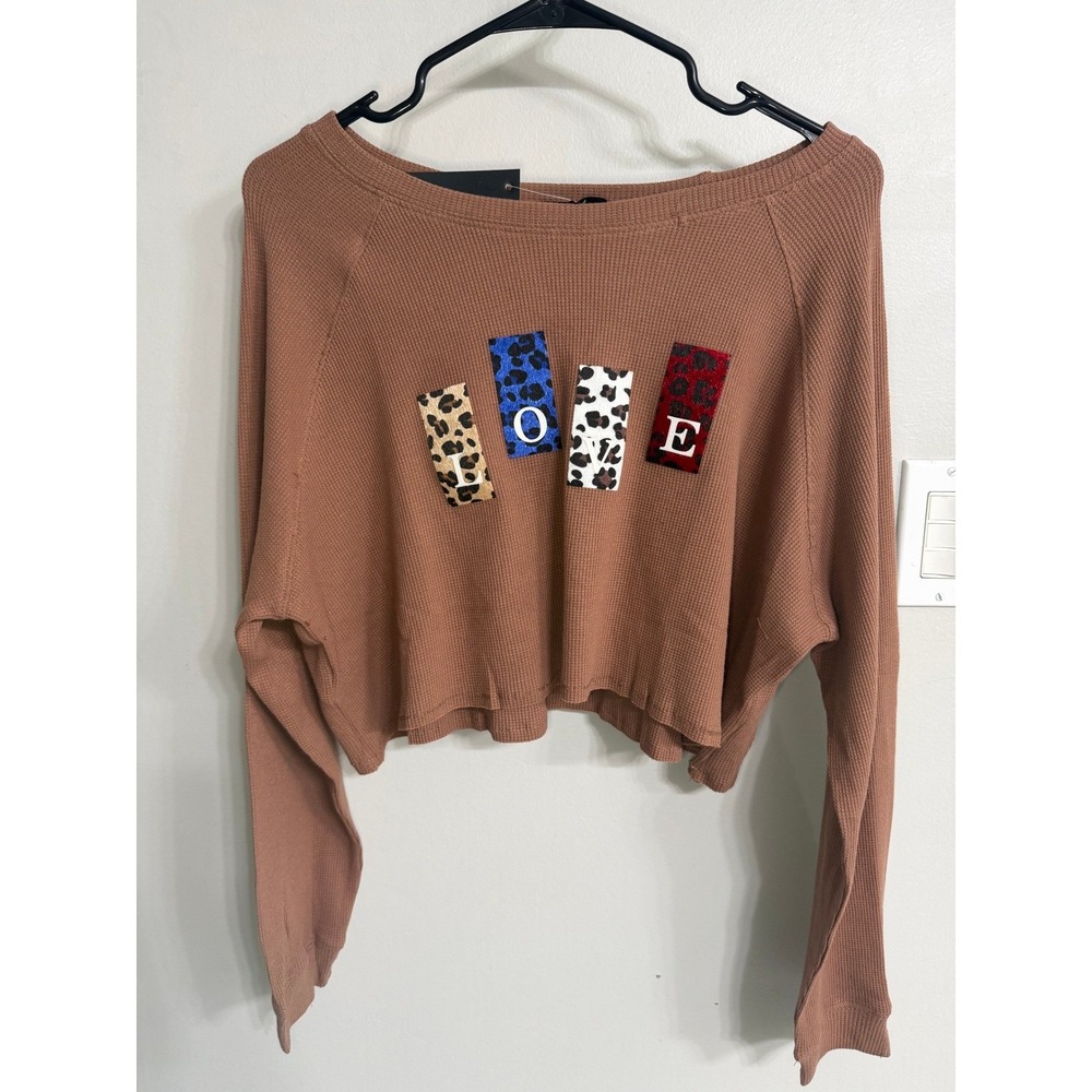 Akaiv Rust Waffle Knit Cropped Thermal Top LOVE Leopard Print Patchwork Large